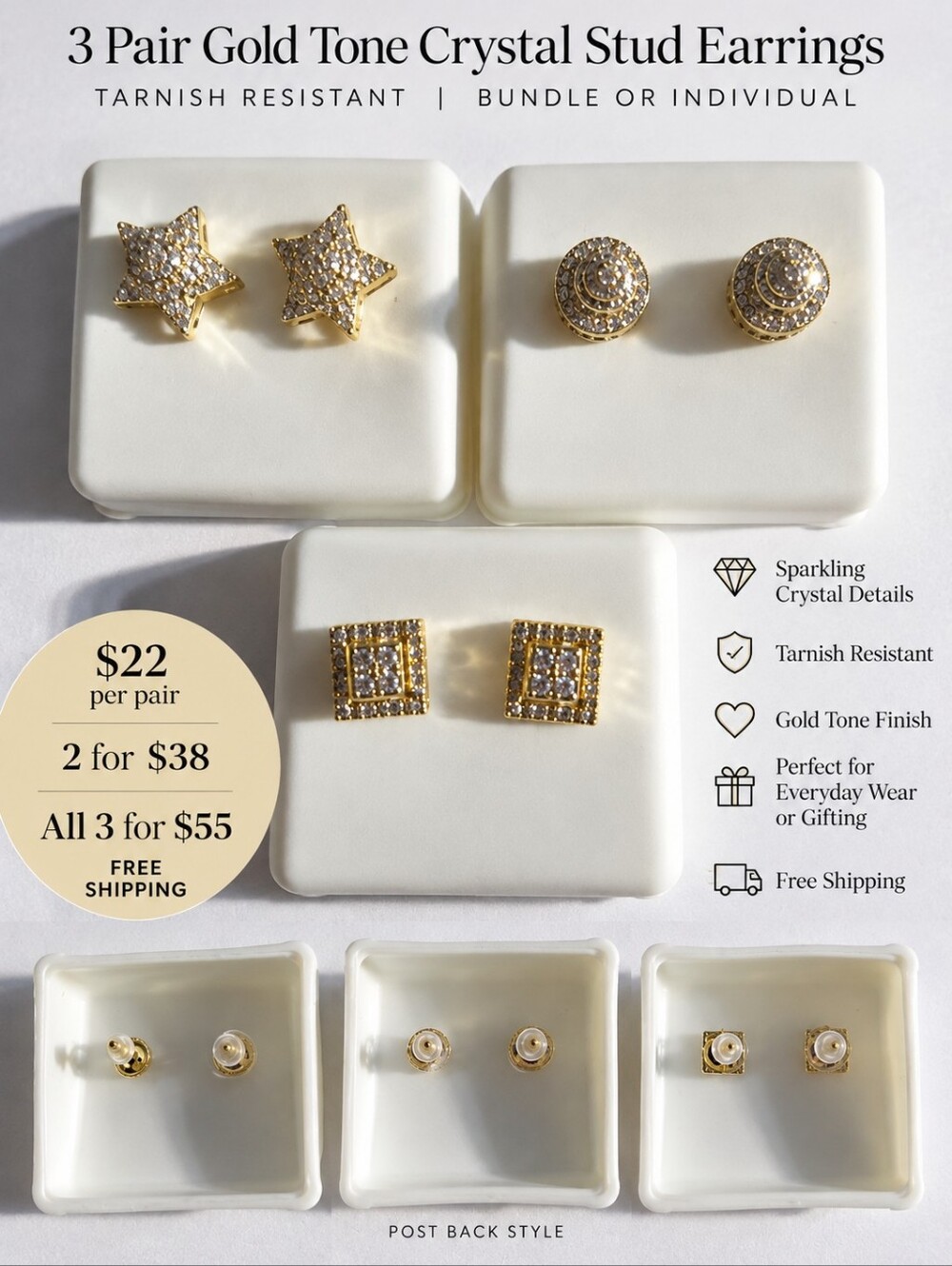 3 Pair Gold Tone Crystal Stud Earrings | Tarnish Resistant | Bundle or Individua